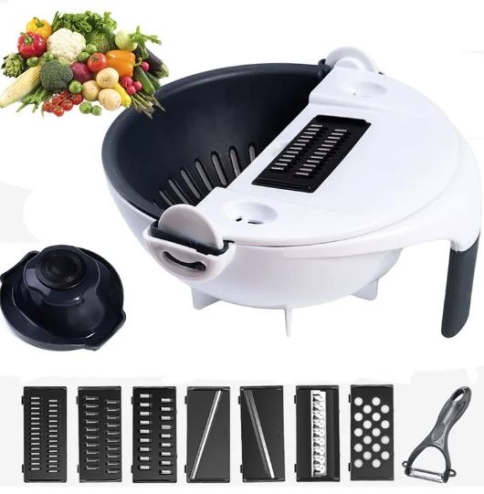 9 in 1 Rotate Vegetable Cutter | Drain Basket and 8 Dicing Blades | Best Vegetable Cutter